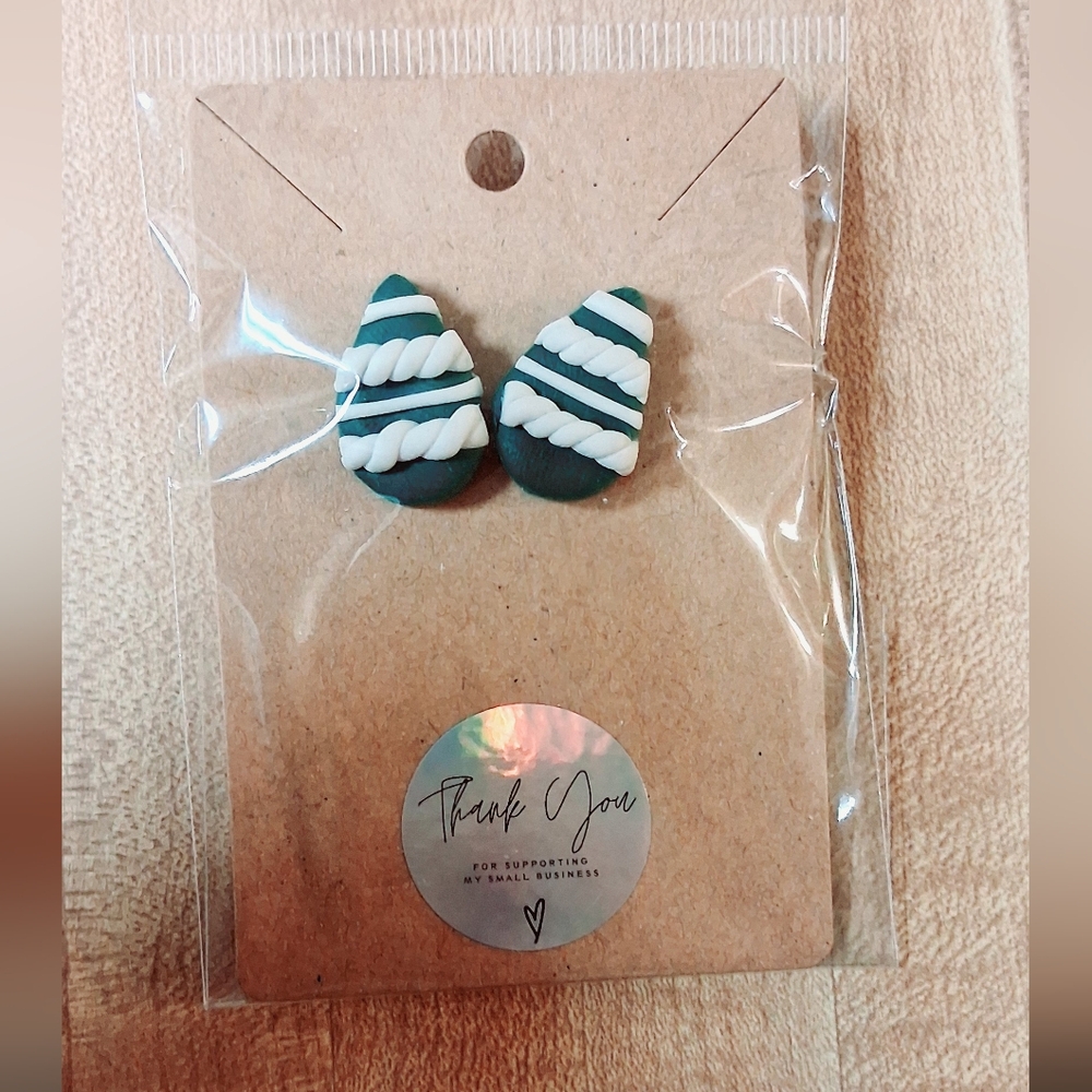 Green and White Striped Earrings